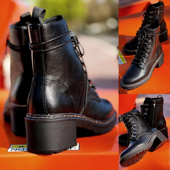 NEW Black Faux Vegan Leather Laced Up Lug Sole Platform Ankle Combat Boots Shoes - Picture 12 of 15